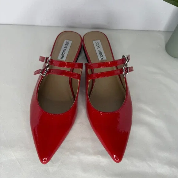 Steve Madden Elizaa Red Patent Mary Jane Pointed Toe Mules Flat Shoes 7.5M - Picture 3 of 8